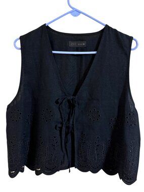 NWOT Zara Linen Blend Waistcoat Embroided with Tie Front Detail